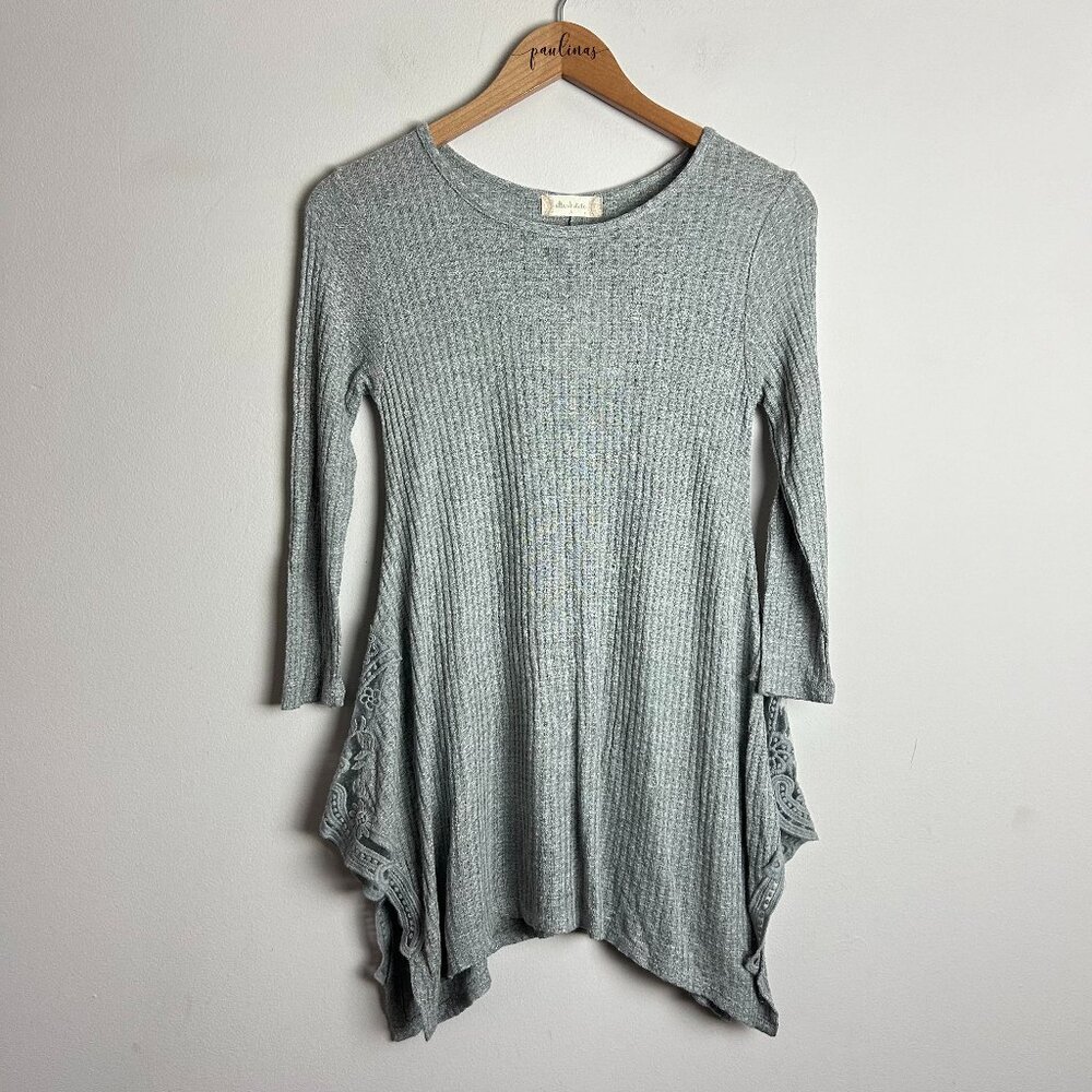 Altar'd State Silver Gray Lace Trim Long Sleeve Shirt Top Small (closer to XS)